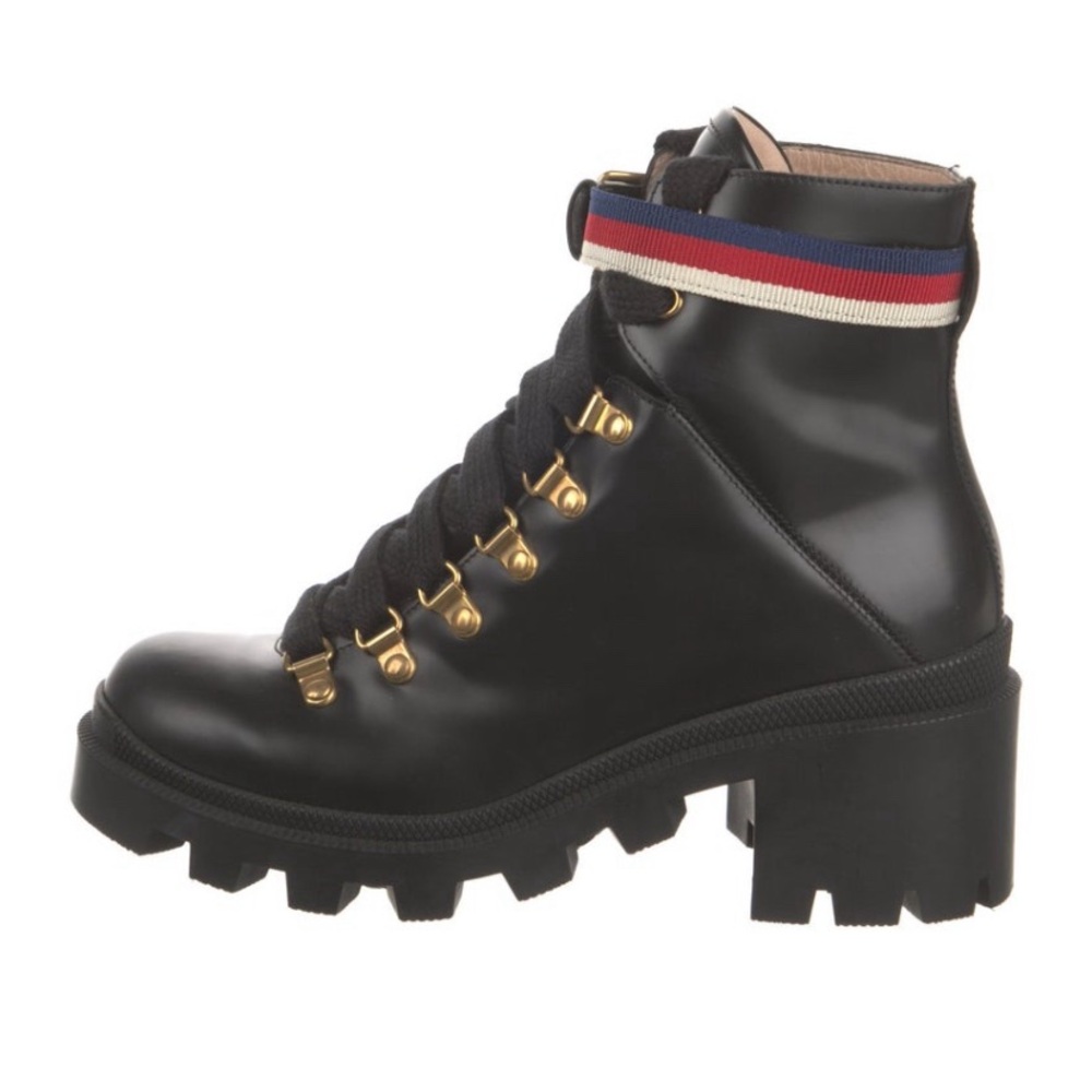 Gucci Black and Gold Combat Boots with Chunky Sole